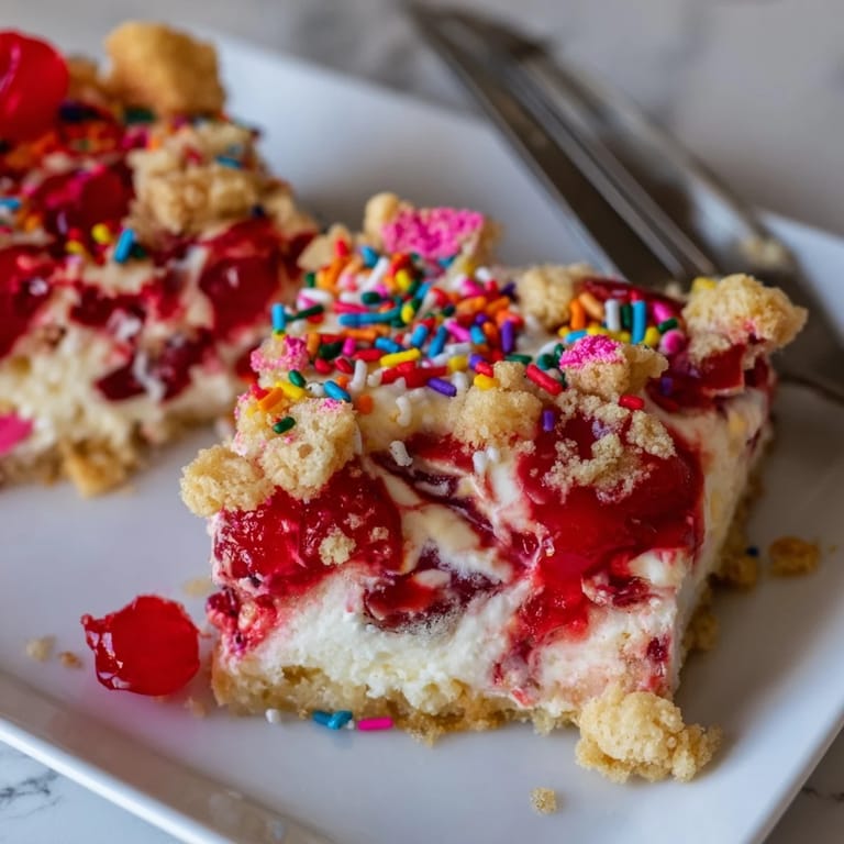 Delicious, colorful birthday cake bars with creamy cheesecake and sweet cherry topping, invitingly presented.