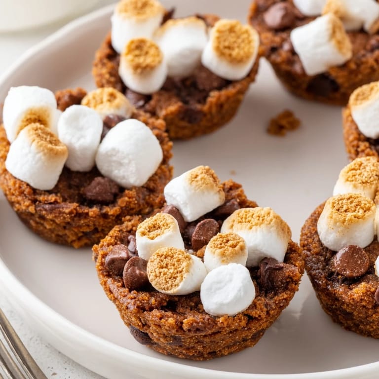 Mini brownie bites topped with toasted marshmallows and graham cracker crumbs, irresistible treat.  