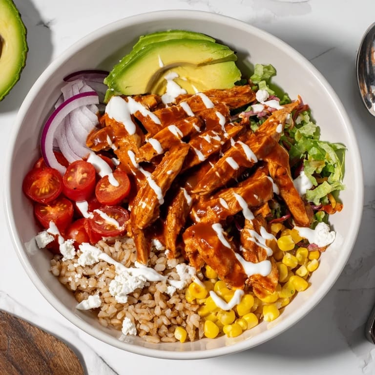 Savory buffalo chicken stands out in this fresh, wholesome bowl of quinoa and greens.