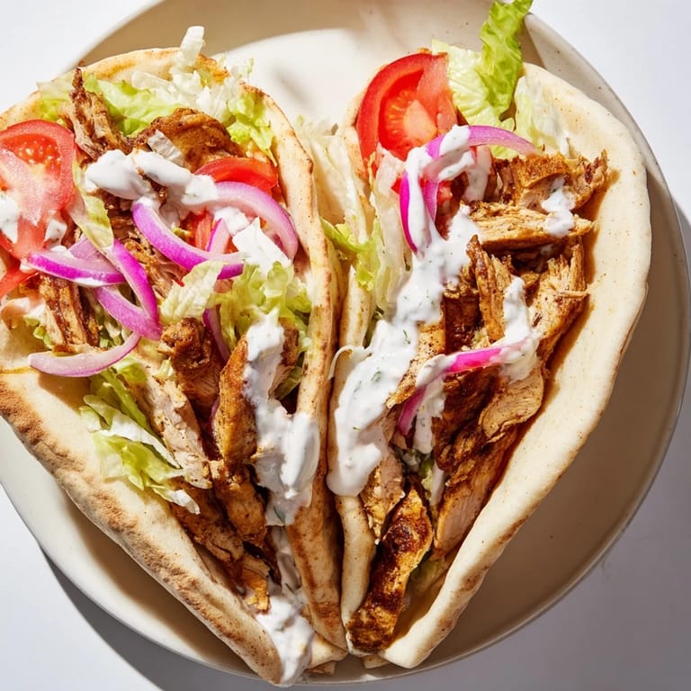 Golden grilled Chicken Shawarma served in soft pita with creamy sauce drizzle.  