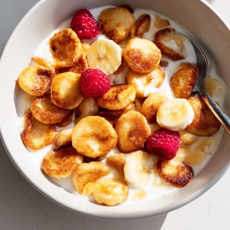 Crispy and fluffy mini pancake cereal served in a bowl with milk.  