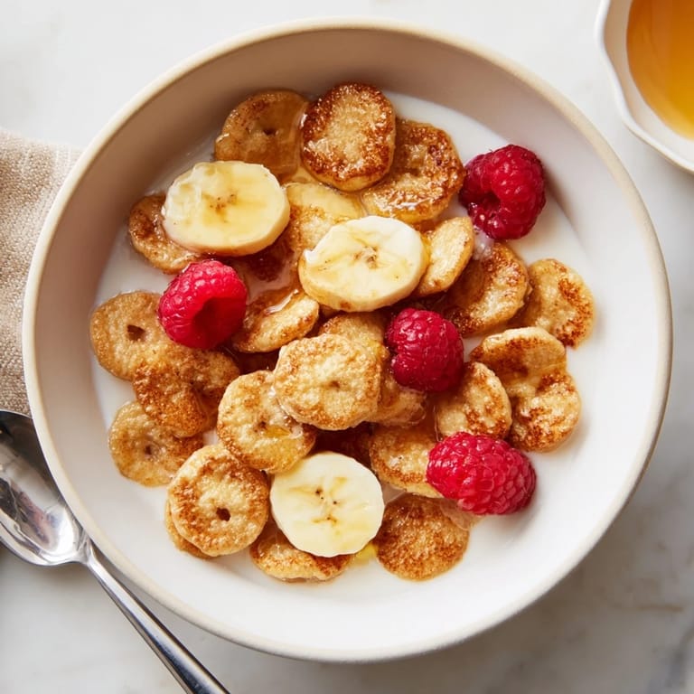 Delicious mini pancake cereal drizzled with honey and surrounded by fruit slices.