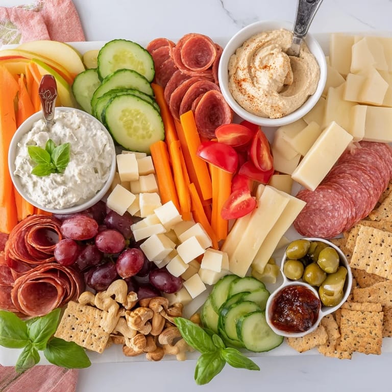 Colorful charcuterie-style girl dinner platter loaded with snacks, cheeses, and fresh vegetables.  