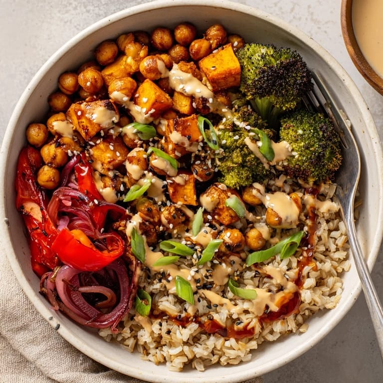Savory Bold Sauce Drizzle Bowls with crispy chickpeas and colorful roasted veggies.