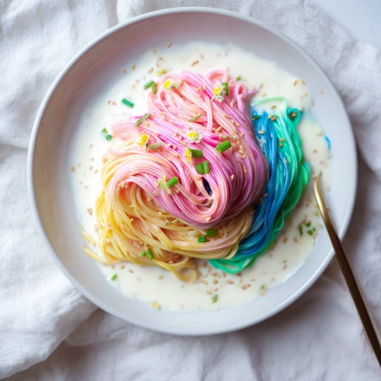 Colorful Neon Noodle Cloud dish invitingly plated with scallions and toasted sesame seeds.