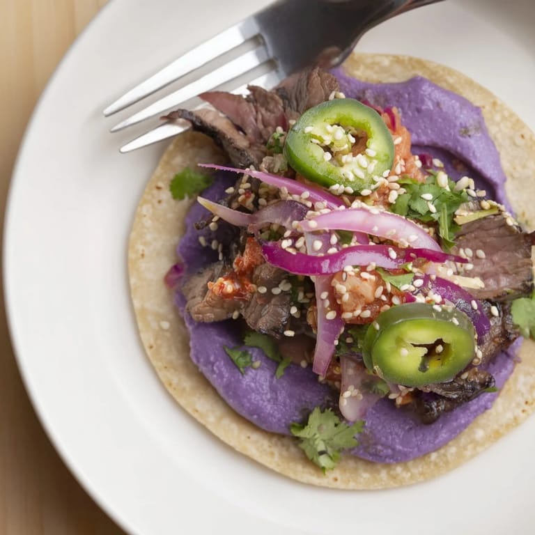 Delectable Global Street-Food Fusion Tacos overflowing with spicy kimchi and creamy ube sauce.