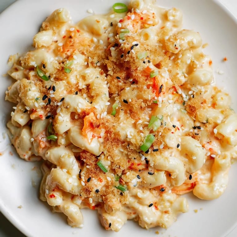 Indulge in this rich Spicy Kimchi Mac & Cheese with vibrant flavors and textures.