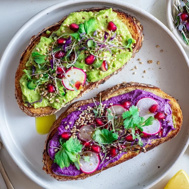 Delicious Bright & Bold Breakfast Toasts featuring creamy avocado and sweet ube spread for flavor.
