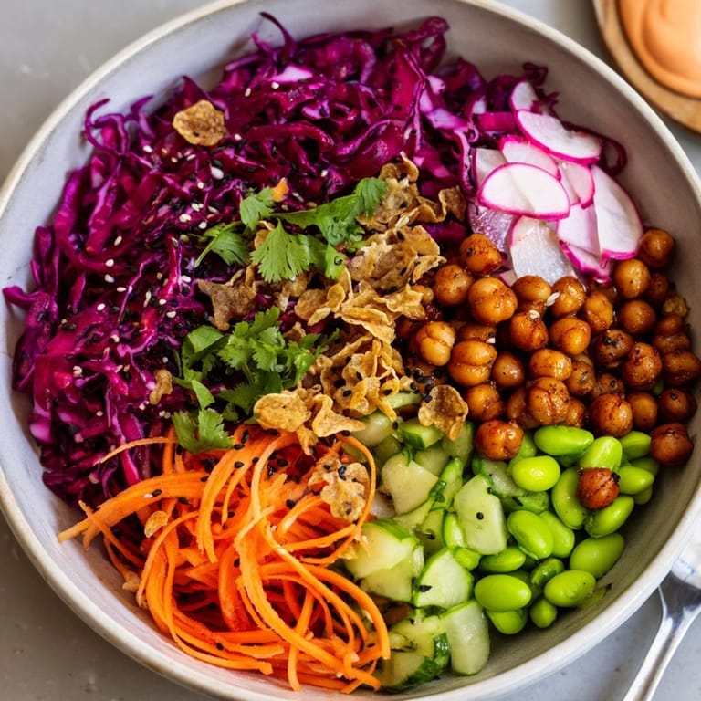 Delicious ASMR Crunch Snack Bowls topped with roasted chickpeas and vibrant garnishes.  