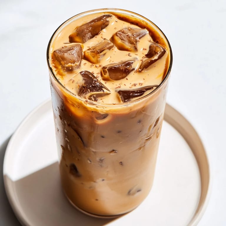 Refreshing and rich Tahini Iced Coffee topped with cocoa powder for a delightful twist.  