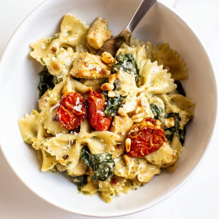 Deliciously cooked pesto chicken bowtie pasta served with cherry tomatoes and spinach.