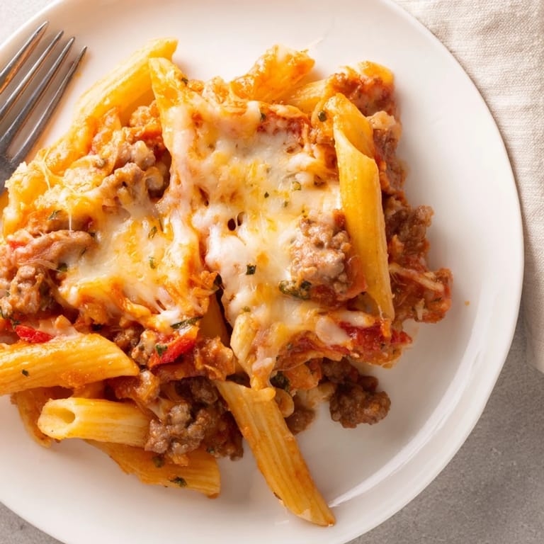 A hearty Cheesy Beef & Penne Bake drizzled with rich tomato sauce and creamy mozzarella.  