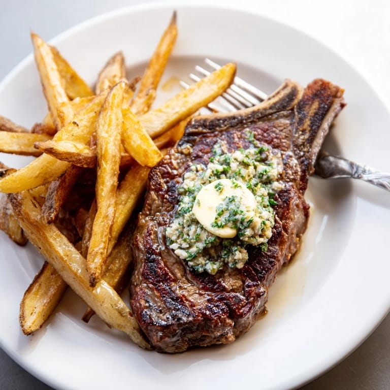 Juicy Steakhouse Garlic Butter Steak topped with rich garlic-herb butter and crunchy fries.  