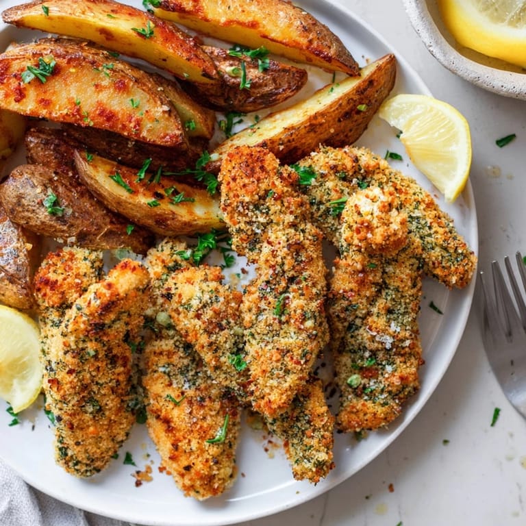 Golden-brown potato wedges alongside herbed chicken tenders drizzled with olive oil.