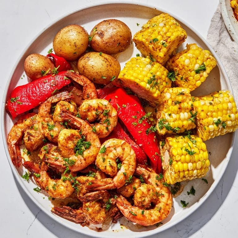 Vivid image of a Cajun Shrimp & Sweet Corn Platter, bursting with juicy shrimp and colorful, roasted vegetables, ready to eat.