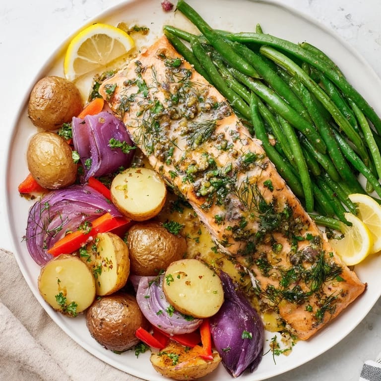 Close up of juicy Lemon Herb Salmon & Potato Sheet Pan meal with vegetables, fresh herbs, and lemon slices.