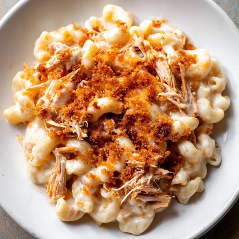 Creamy homemade mac & cheese with BBQ chicken, a warm family dinner with cheesy layers.