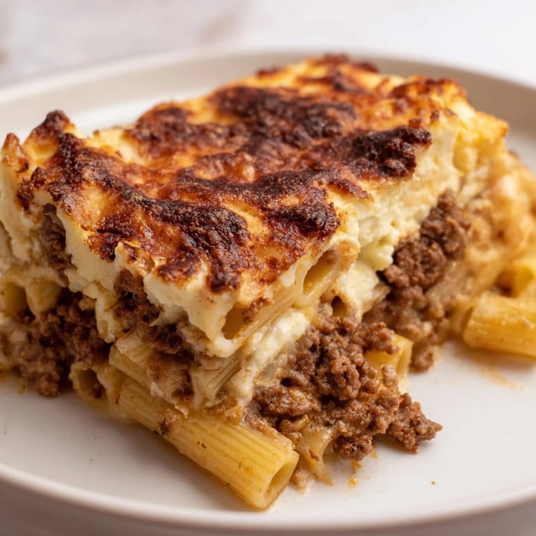 A close-up of piping-hot Pastitsio, showcasing its layers of pasta, beef, and a rich, creamy topping.