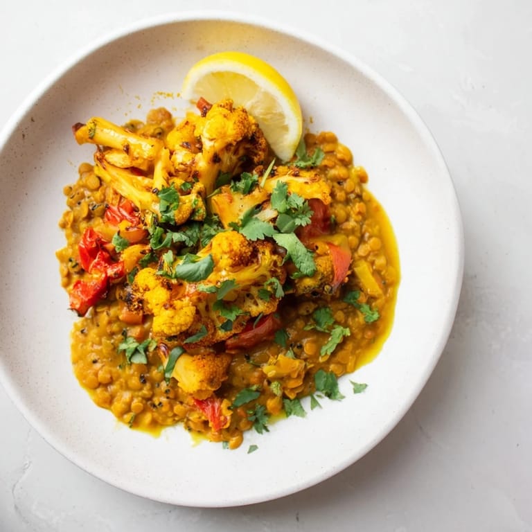 Creamy Red Cabbage, Cauliflower & Coconut Dhal displays beautiful colors, and is ready to be served.