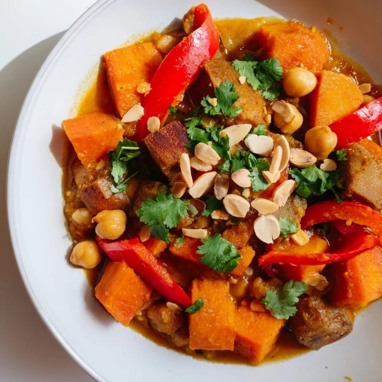 Aromatic Moroccan Chickpea & Sweet Potato Tagine, with tender vegetables and a rich, spiced broth, ready to serve.