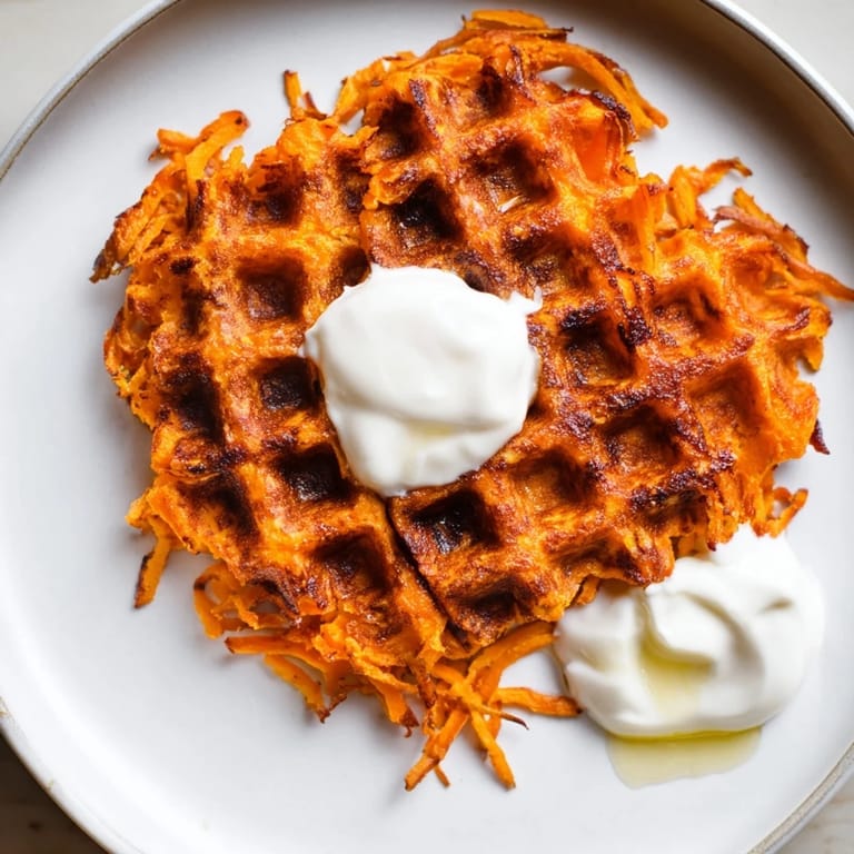 Steaming plate with a Sweet Potato Waffle Hack, showcasing the fluffy interior alongside fresh fruit.