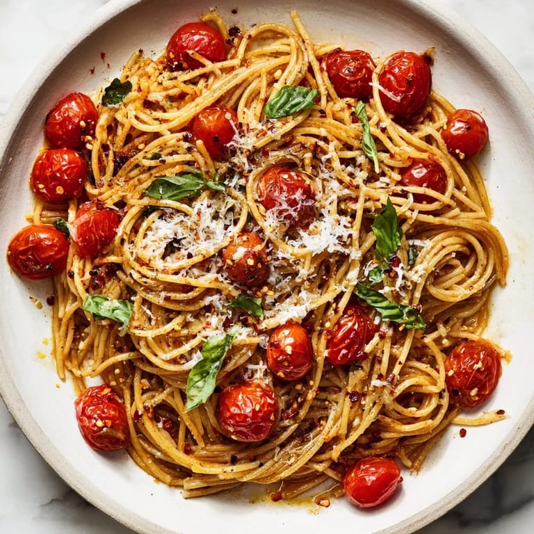 Tender, al dente Lazy-Girl Pasta in a skillet with bubbly tomato sauce and Parmesan cheese.