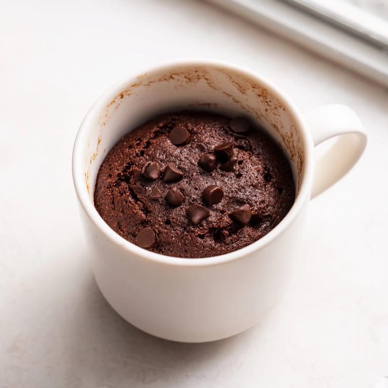 Warm, rich chocolate aroma coming from a freshly-made Microwaved Mug Cake, a perfect solo treat.