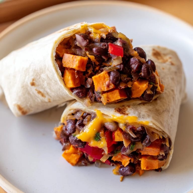 Steaming-hot Sweet Potato & Black Bean Breakfast Burritos, ready for a flavorful morning feast.