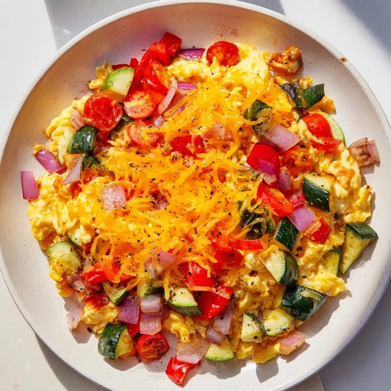 Fluffy, cheesy Egg & Veggie Sheet Pan Scramble, perfect for an easy, healthy American breakfast.