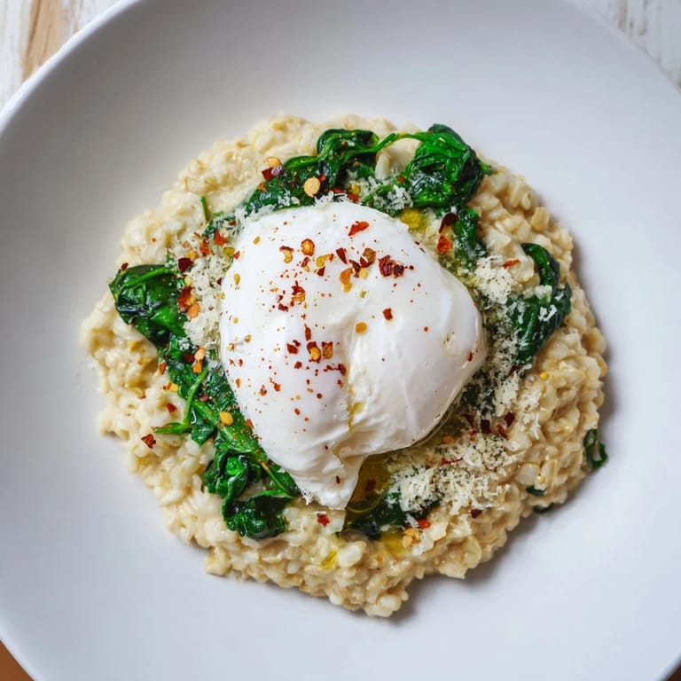 Steaming Savoury Oatmeal with Spinach & Poached Egg piled high, ready to eat for a delicious brunch.