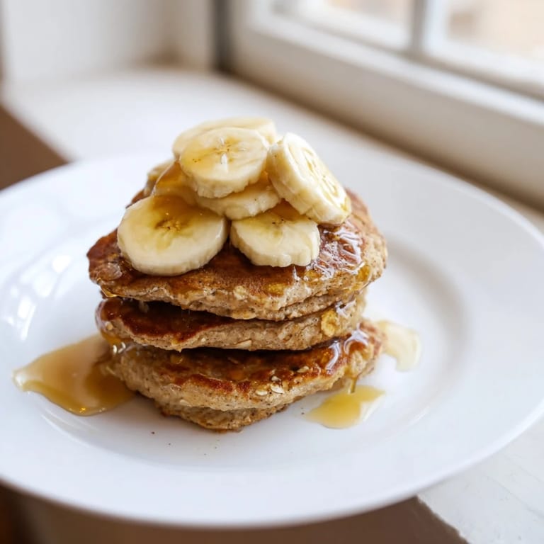 A stack of delicious banana oat pancakes, steaming and ready to be topped with your favorite breakfast treats.