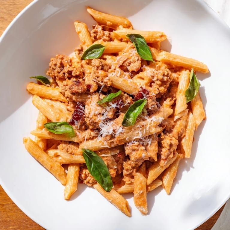Sizzling Creamy Tomato and Sausage Pasta with Parmesan, ready to serve with fresh basil garnish.