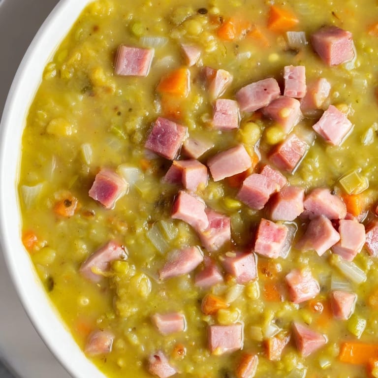 Rich, savory Hearty Split Pea and Ham Soup, perfect for a cold day, with tender ham.