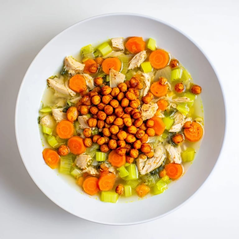 A close-up view of Chicken Kale Soup with crispy chickpeas: a healthy and delicious American classic.