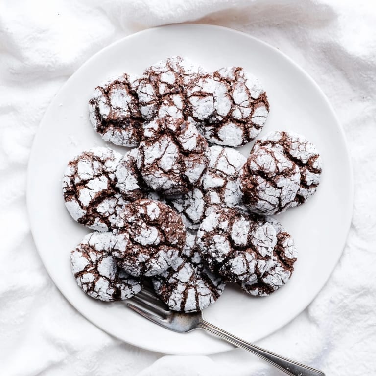 Perfectly round Chocolate Crinkle Cookies with a fudgy interior and beautiful crackled topping, served on a tray.