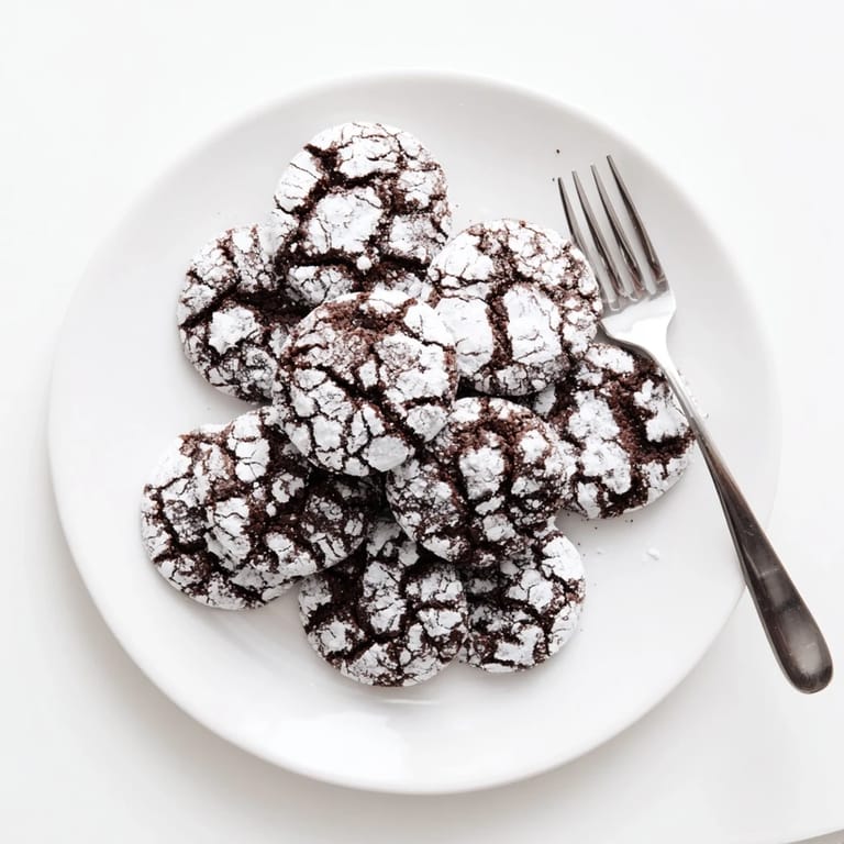 Freshly baked Chocolate Crinkle Cookies, smelling of rich cocoa, a delicious American dessert favorite.