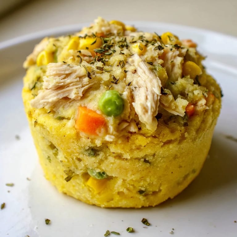 Bite-sized, delightful Chicken Pot Pie Cornbread Muffins show off a perfect golden-brown, inviting texture.