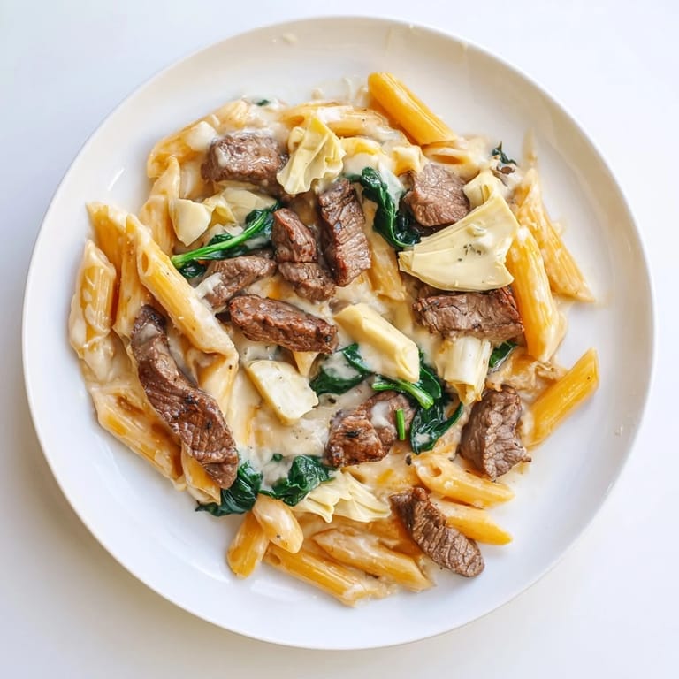 A bubbling pan of steak & spinach artichoke pasta bake, showcasing creamy sauce and golden cheese topping.