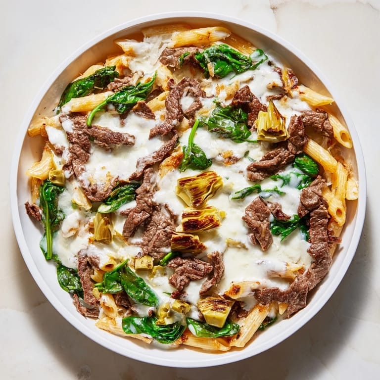 Close-up of a hearty steak and spinach artichoke pasta bake filled with tender beef and vegetables.