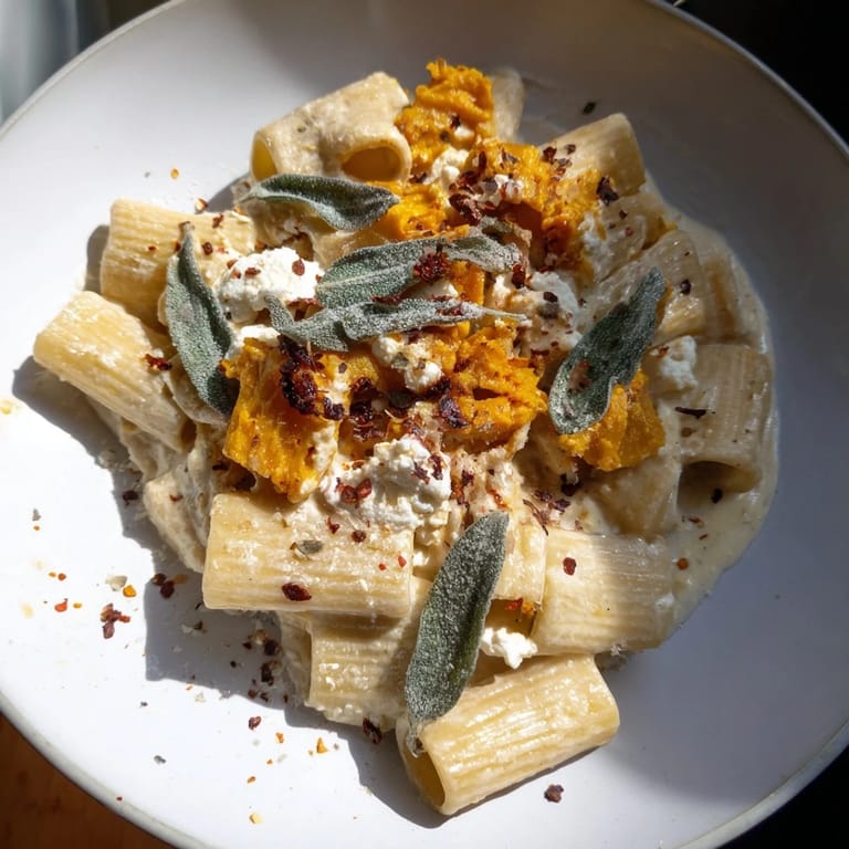 A close-up of creamy Viral Sweet Potato Goat Cheese Sage pasta with goat cheese crumbles, ready to eat.