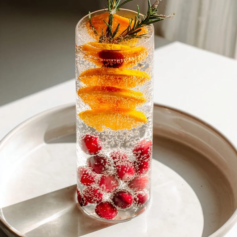 Bubbly Snow Globe Mocktail showcases floating cranberries and orange slices, a festive, cold drink.