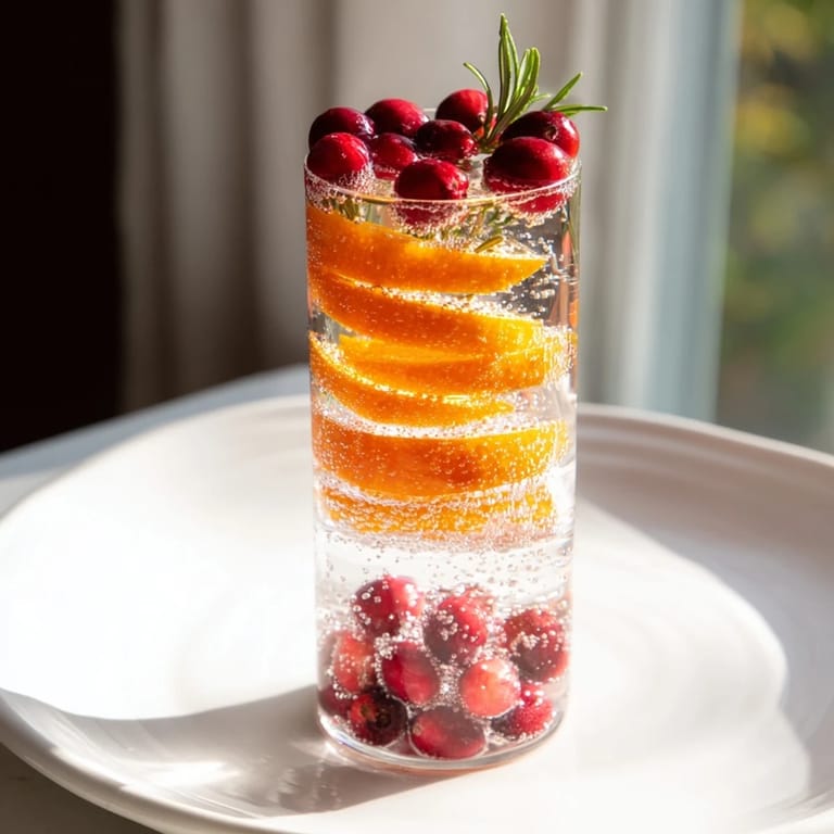 Close-up of a sparkling Snow Globe Mocktail; frozen cranberries and citrus evoke winter cheer.