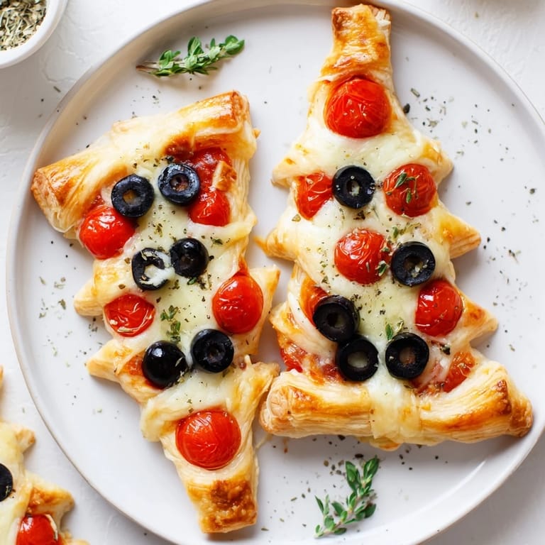 Warm, flaky Christmas Tree Pizza Bites with melted mozzarella cheese and vibrant cherry tomatoes, ready to eat.