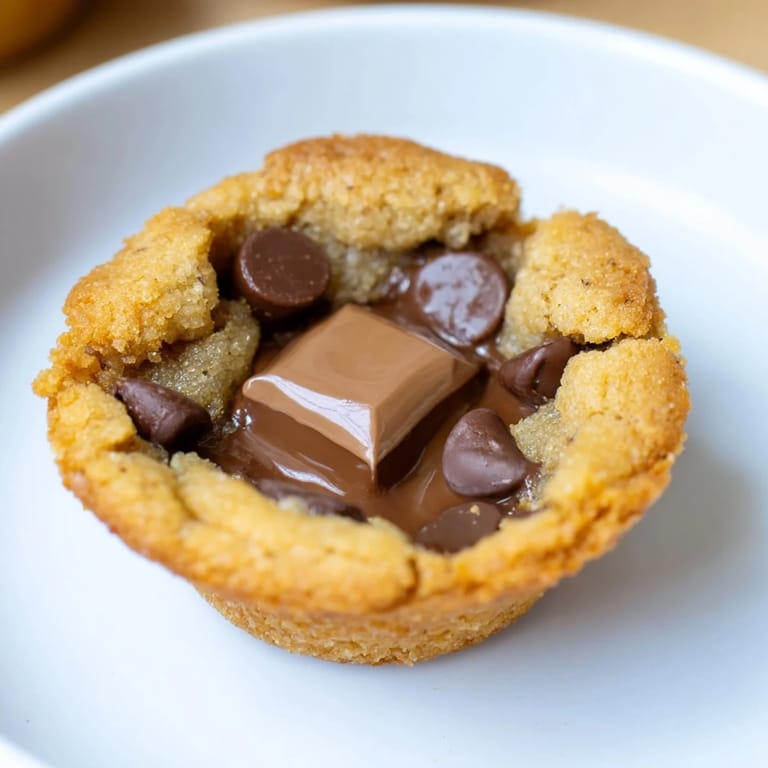 Freshly baked Air Fryer Gooey Cookie Cups, offering a delightful combination of soft cookie and a melty chocolate surprise.