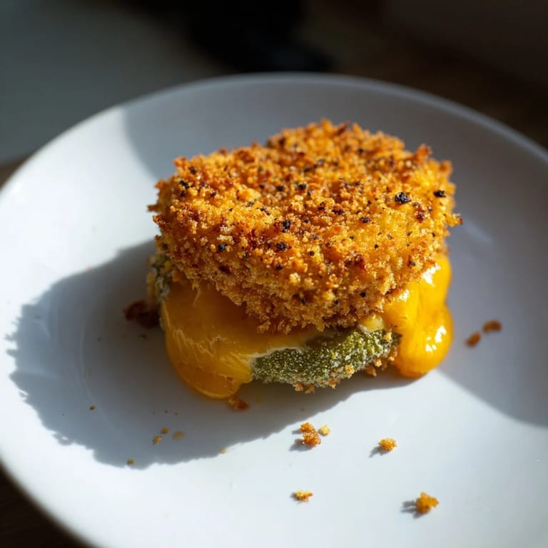 Melted cheese hugs the pickle forming crispy cheese-wrapped pickle ornament appetizers, ready for dipping.