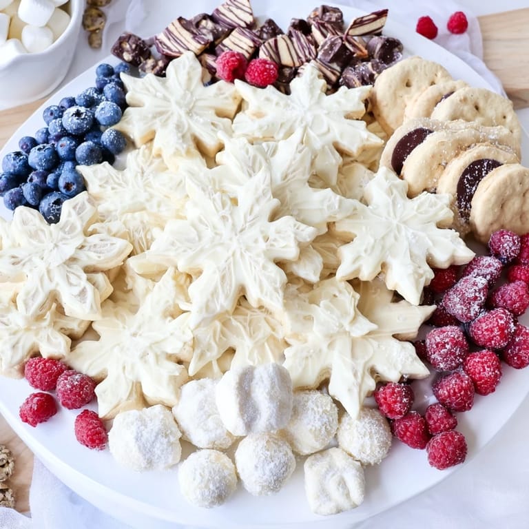 Imagine a snowy Snowflake Dessert Board, overflowing with cookies, chocolates, and colorful fresh fruit.