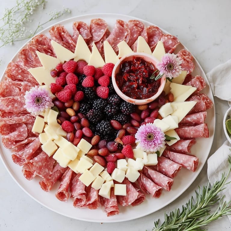 A romantic heart-shaped charcuterie board featuring creamy brie, sharp cheddar, and delicious salami, perfectly arranged.