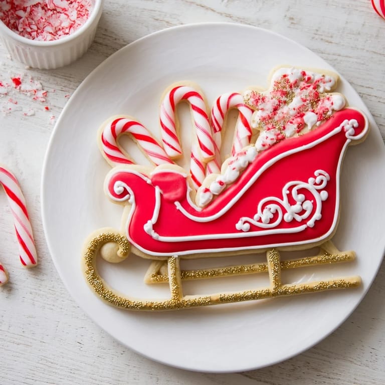 Detailed shot of a beautifully iced Santa's sleigh cookie display, showcasing holiday spirit.