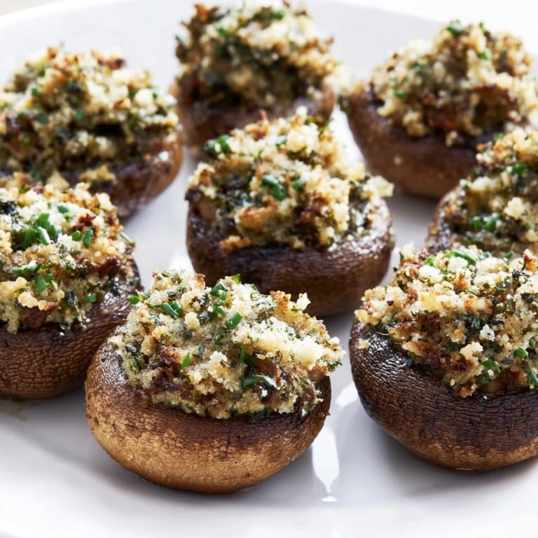 Close-up of baked Enchanted Forest Mushroom Nibbles, showcasing the herb-filled filling and tender mushrooms.