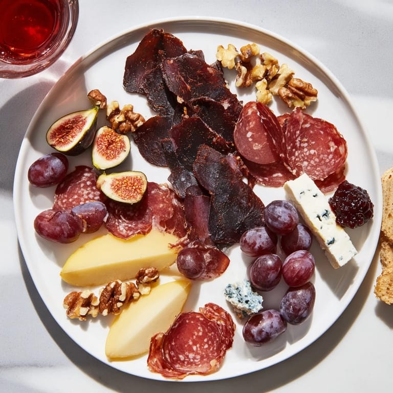 A close-up shot of the Majestic Venison Charcuterie Platter, ready to serve with its delicious accompaniments.